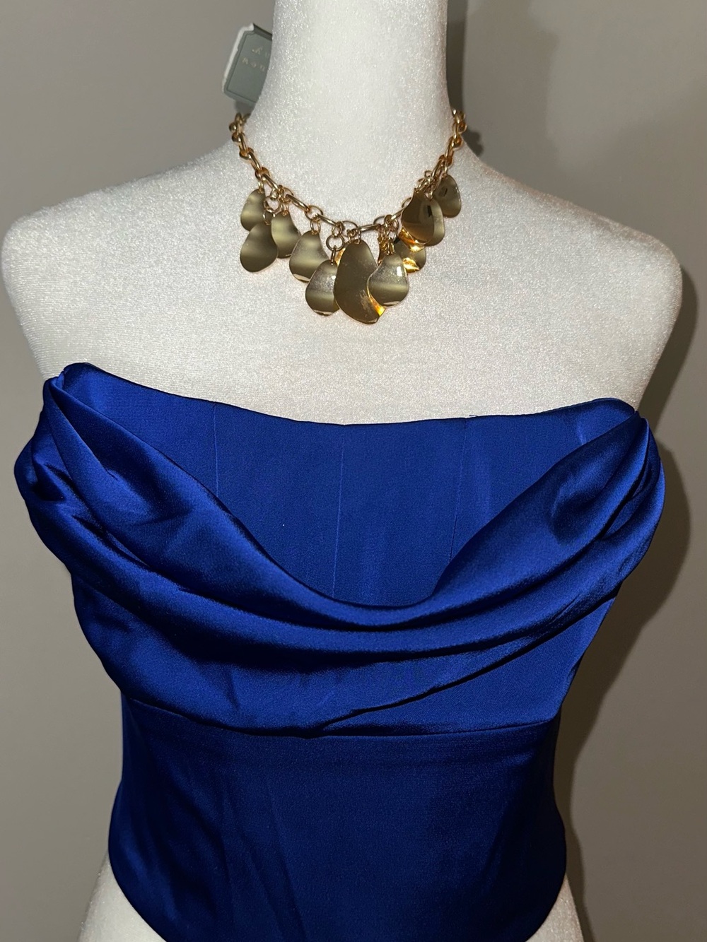 Oh Polly Strapless Satin Cowl Neck Dress in Royal Blue
